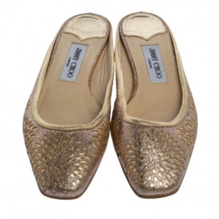 Jimmy Choo Shimmery Gold Laser Cut Leather Flat Mules Size 38.5 For Sale 2
