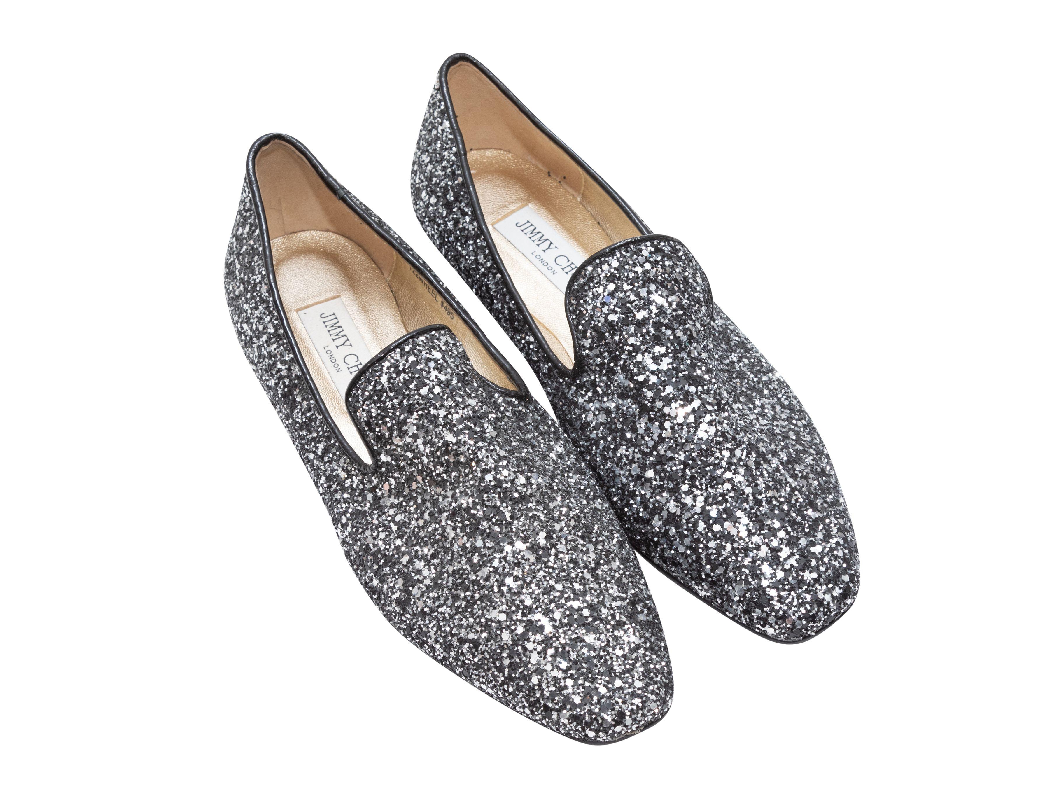 Jimmy Choo Silver & Black Glitter Loafers In Fair Condition In New York, NY