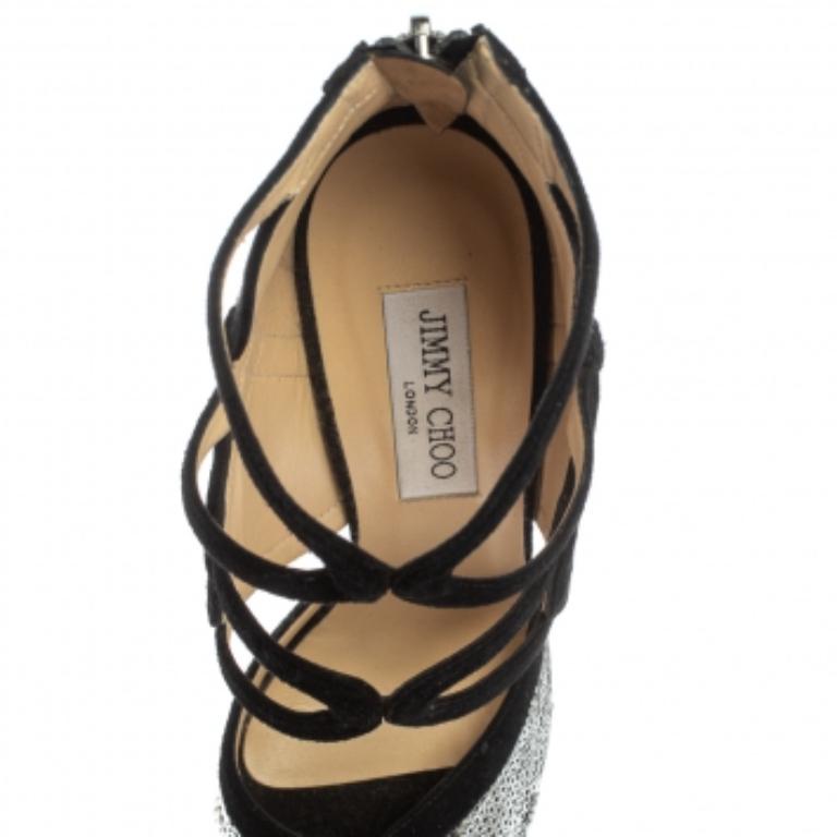 Jimmy Choo Silver/Black Suede and Sequins Tempest Sandals Size 38.5 In Good Condition For Sale In Dubai, Al Qouz 2