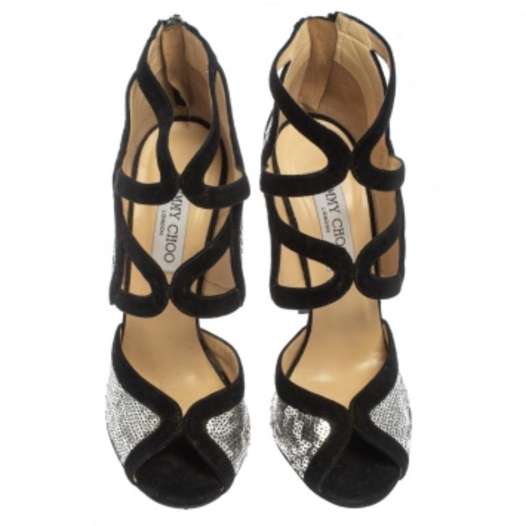 Jimmy Choo Silver/Black Suede and Sequins Tempest Sandals Size 38.5 For Sale 3