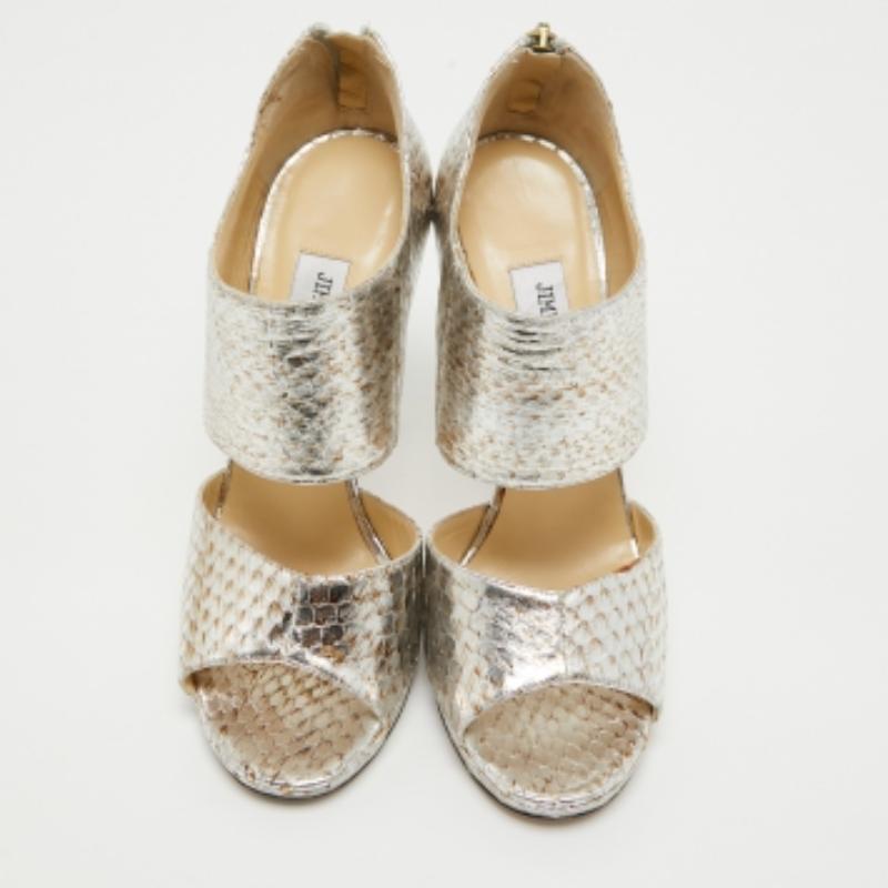 Beige Jimmy Choo Silver/Brown Python Embossed Leather Private Sandals Size 38.5 For Sale