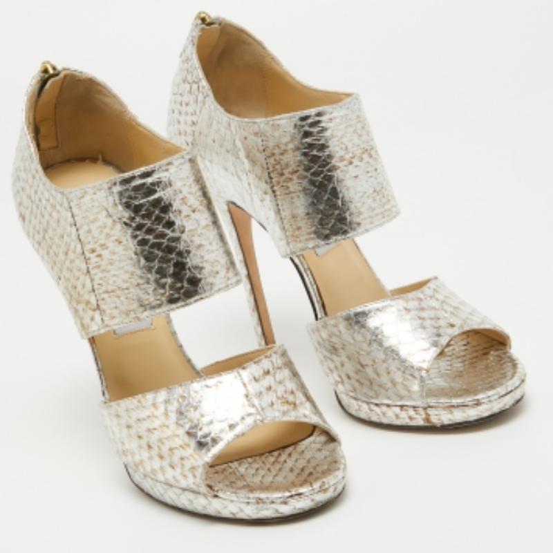Jimmy Choo Silver/Brown Python Embossed Leather Private Sandals Size 38.5 In Good Condition For Sale In Dubai, Al Qouz 2
