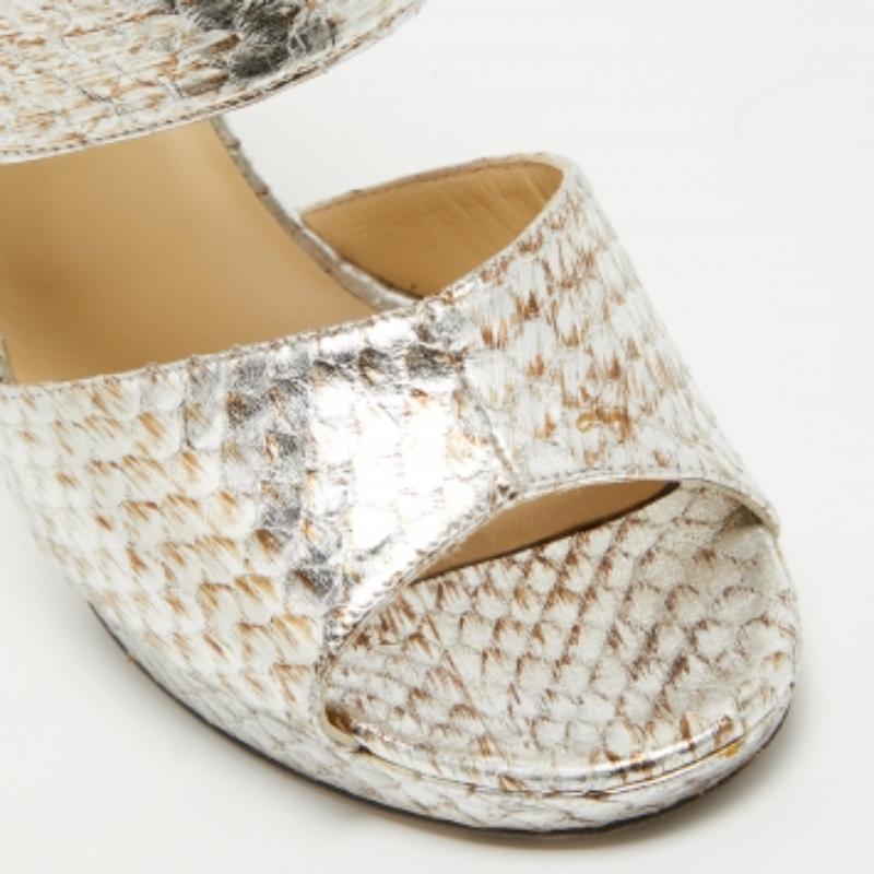 Women's Jimmy Choo Silver/Brown Python Embossed Leather Private Sandals Size 38.5 For Sale
