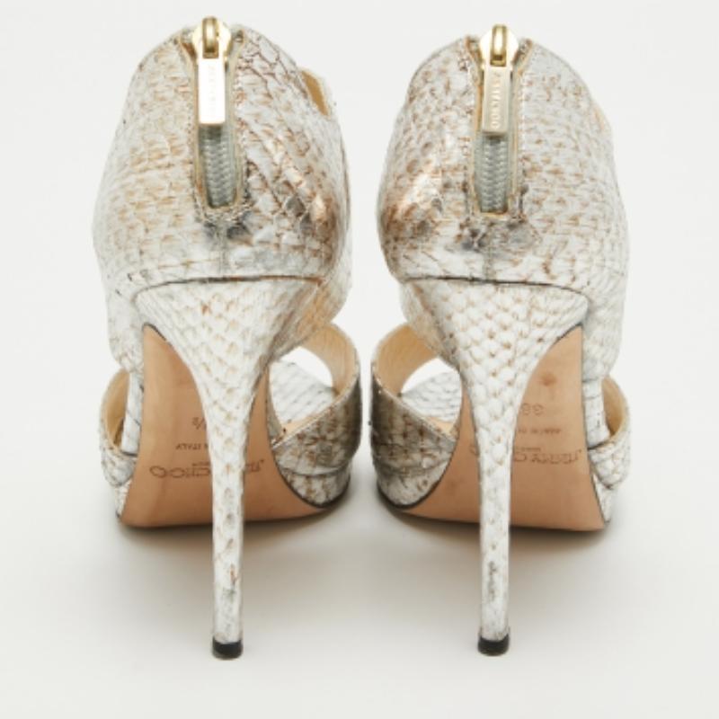 Jimmy Choo Silver/Brown Python Embossed Leather Private Sandals Size 38.5 For Sale 1