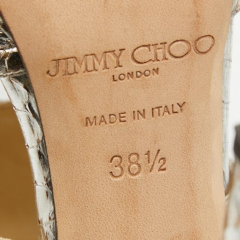 Jimmy Choo Silver/Brown Python Embossed Leather Private Sandals Size 38.5 For Sale 3