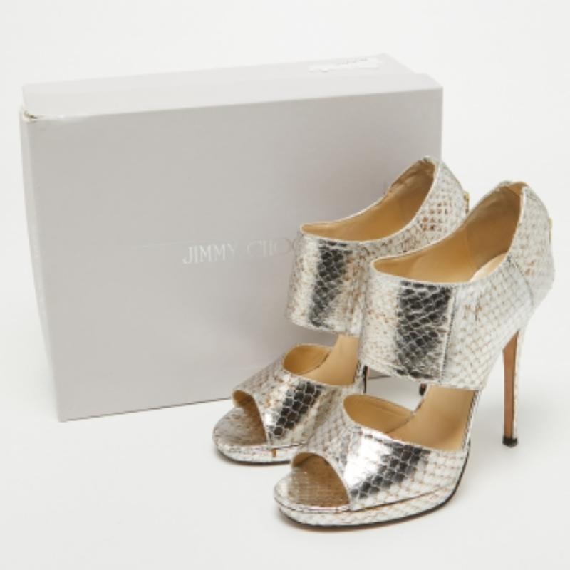 Jimmy Choo Silver/Brown Python Embossed Leather Private Sandals Size 38.5 For Sale 4