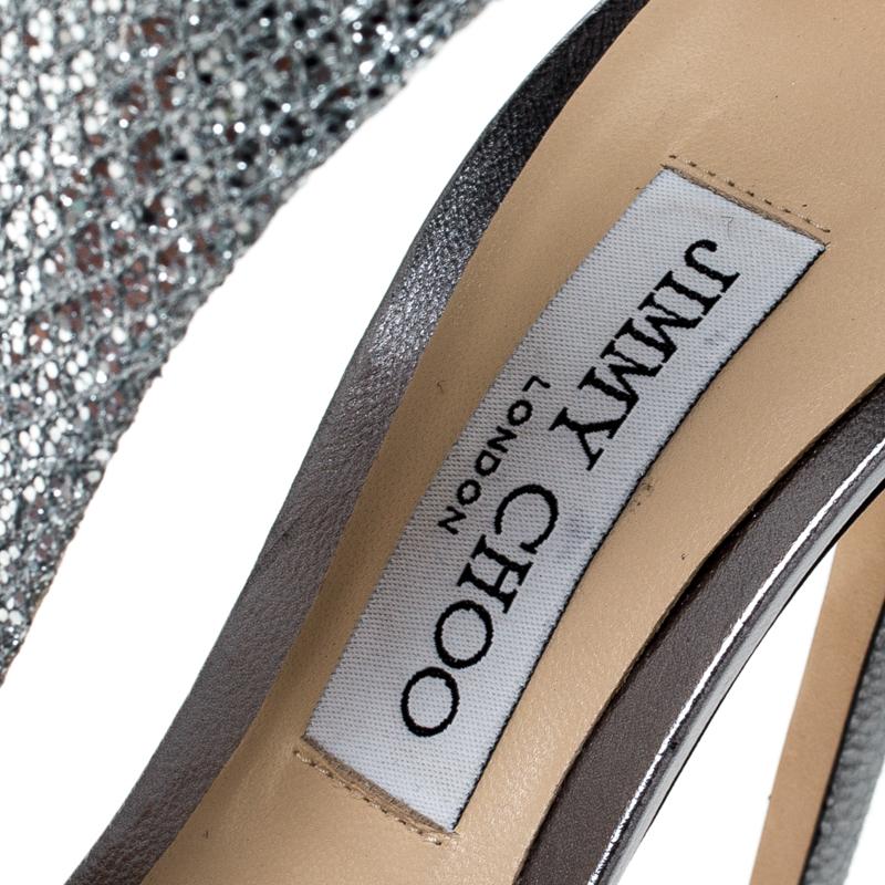 Jimmy Choo Silver Coarse Glitter Lana T Strap Peep Toe Sandals Size 39 In Excellent Condition In Dubai, Al Qouz 2