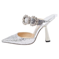 Jimmy Choo Silver Coarse Glitter Smokey Mules Size 36