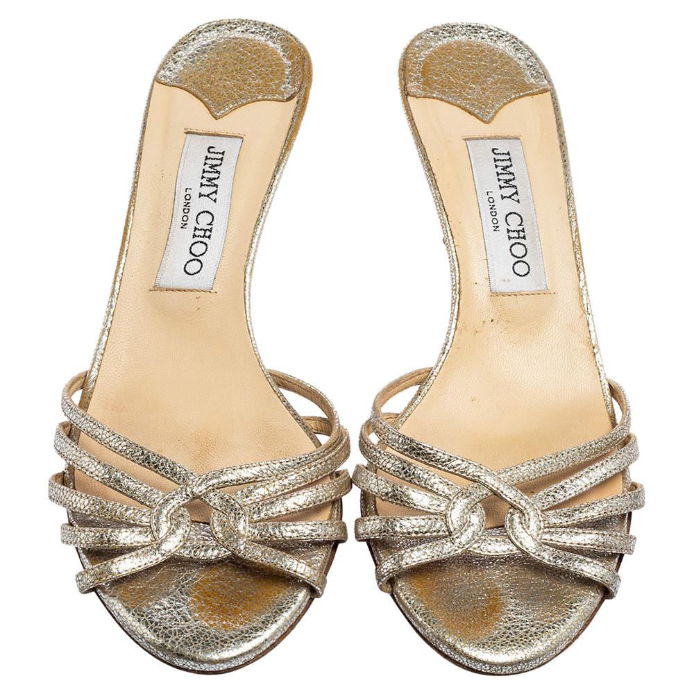 Beige Jimmy Choo Silver Crackled Leather Strappy Slide Sandals Size 36