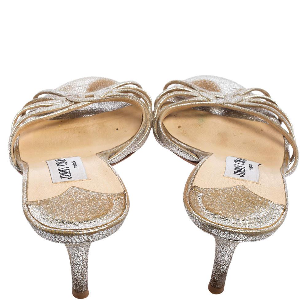 Women's Jimmy Choo Silver Crackled Leather Strappy Slide Sandals Size 36