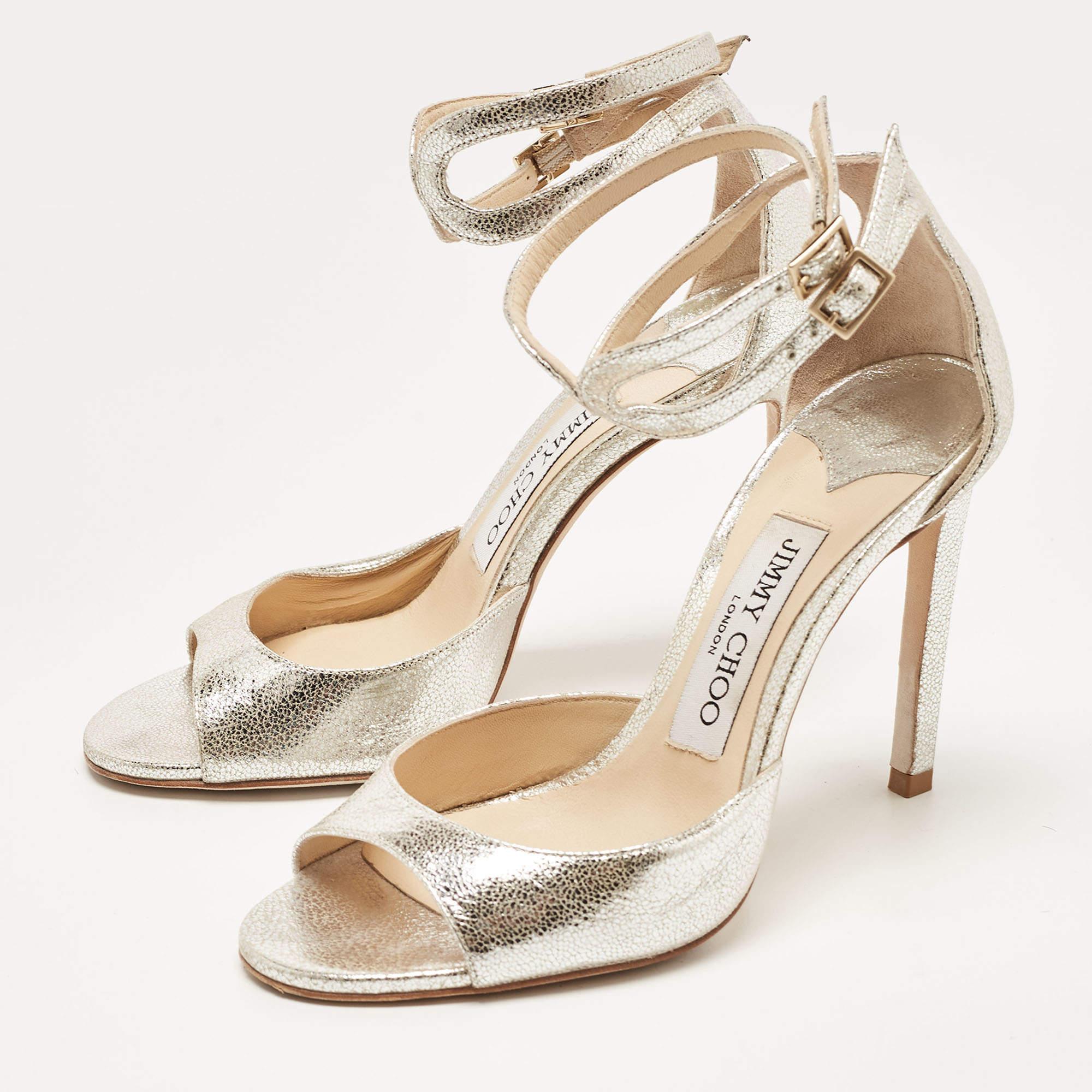 Jimmy Choo Silver Crackled Patent Leather Lane Sandals Size 35 For Sale 1