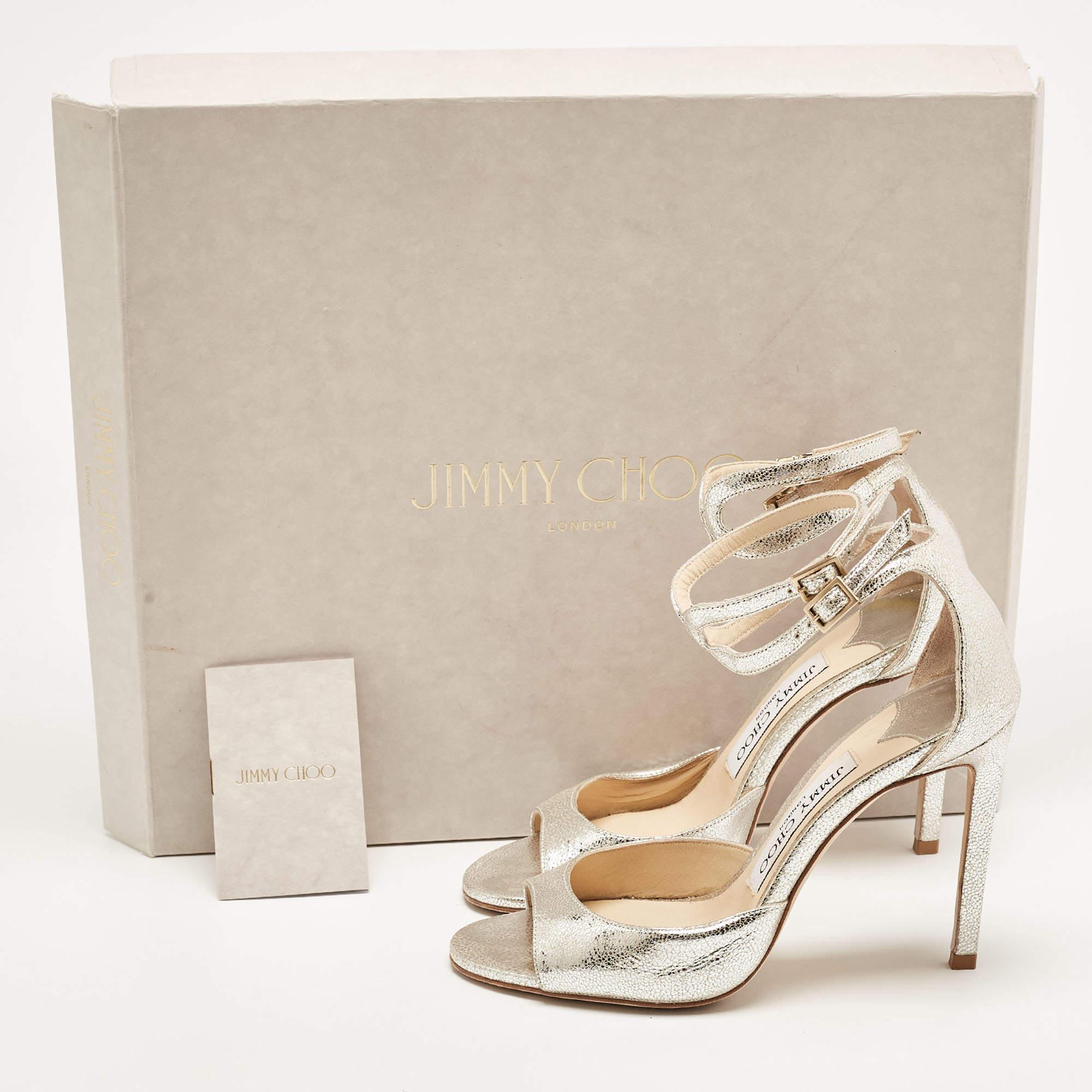 Jimmy Choo Silver Crackled Patent Leather Lane Sandals Size 35 For Sale 2