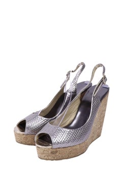 Jimmy Choo Silver Embossed Leather Cork Wedge Sandals Slingback - EU 38.5