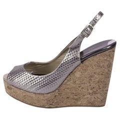 Jimmy Choo Silver Embossed Leather Cork Wedge Sandals Slingback - EU 38.5