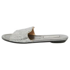 Jimmy Choo Silver Glitter and Leather Nanda Flat Slides Size 37