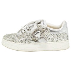 Jimmy Choo Silver Glitter and Leather Osaka Sneakers Size 38.5