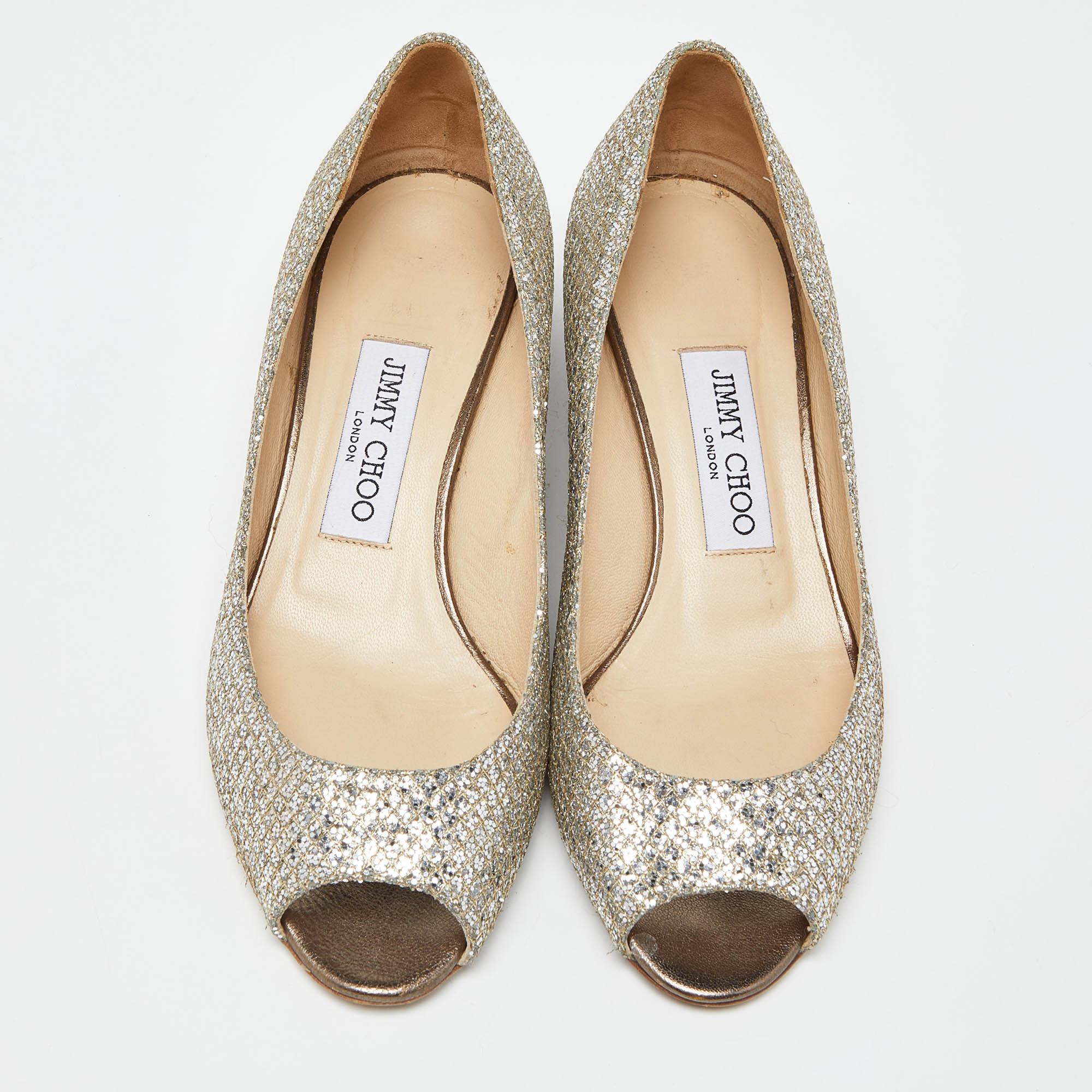 Beige Jimmy Choo Silver Glitter Baxen Wedge Pumps Size 38