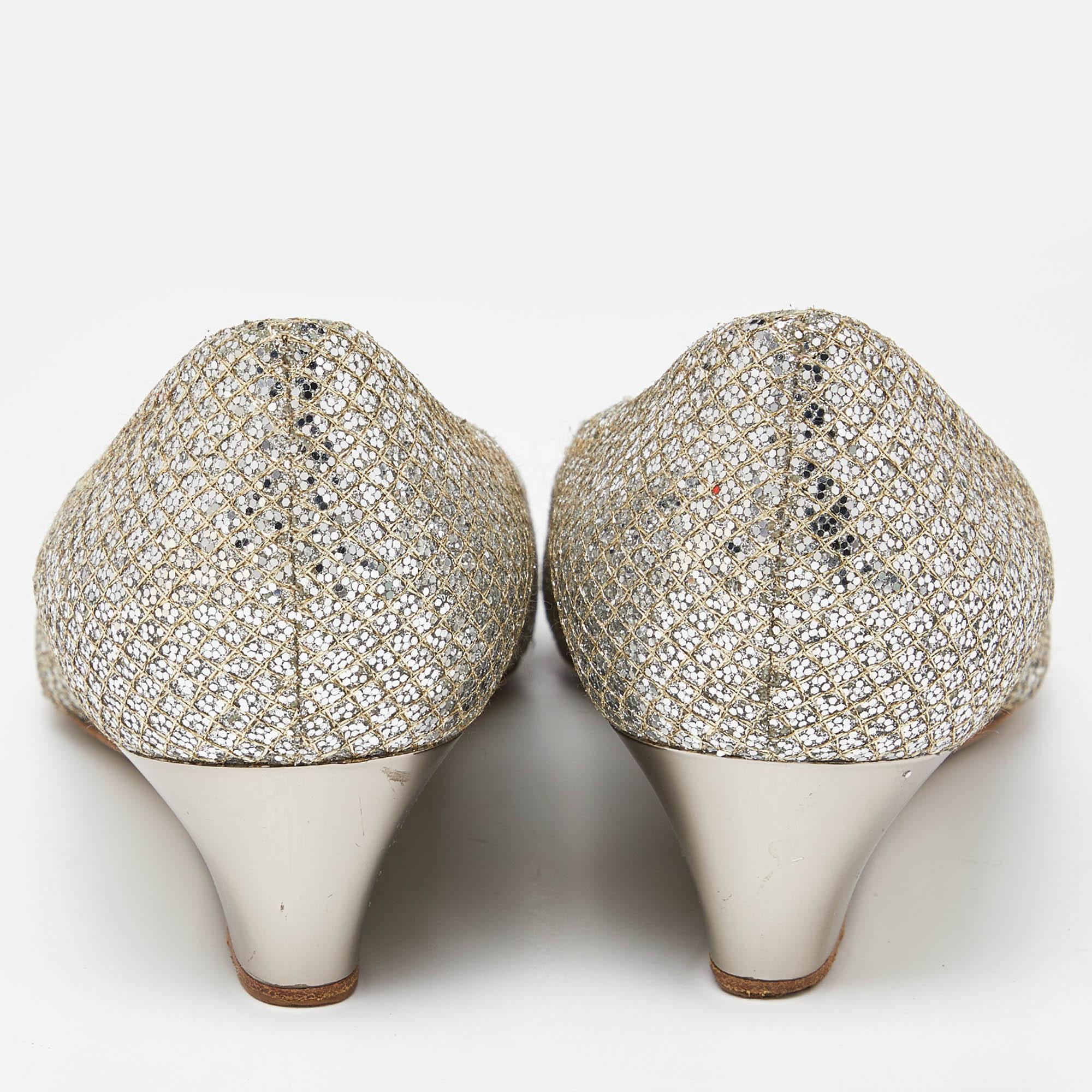Women's Jimmy Choo Silver Glitter Baxen Wedge Pumps Size 38