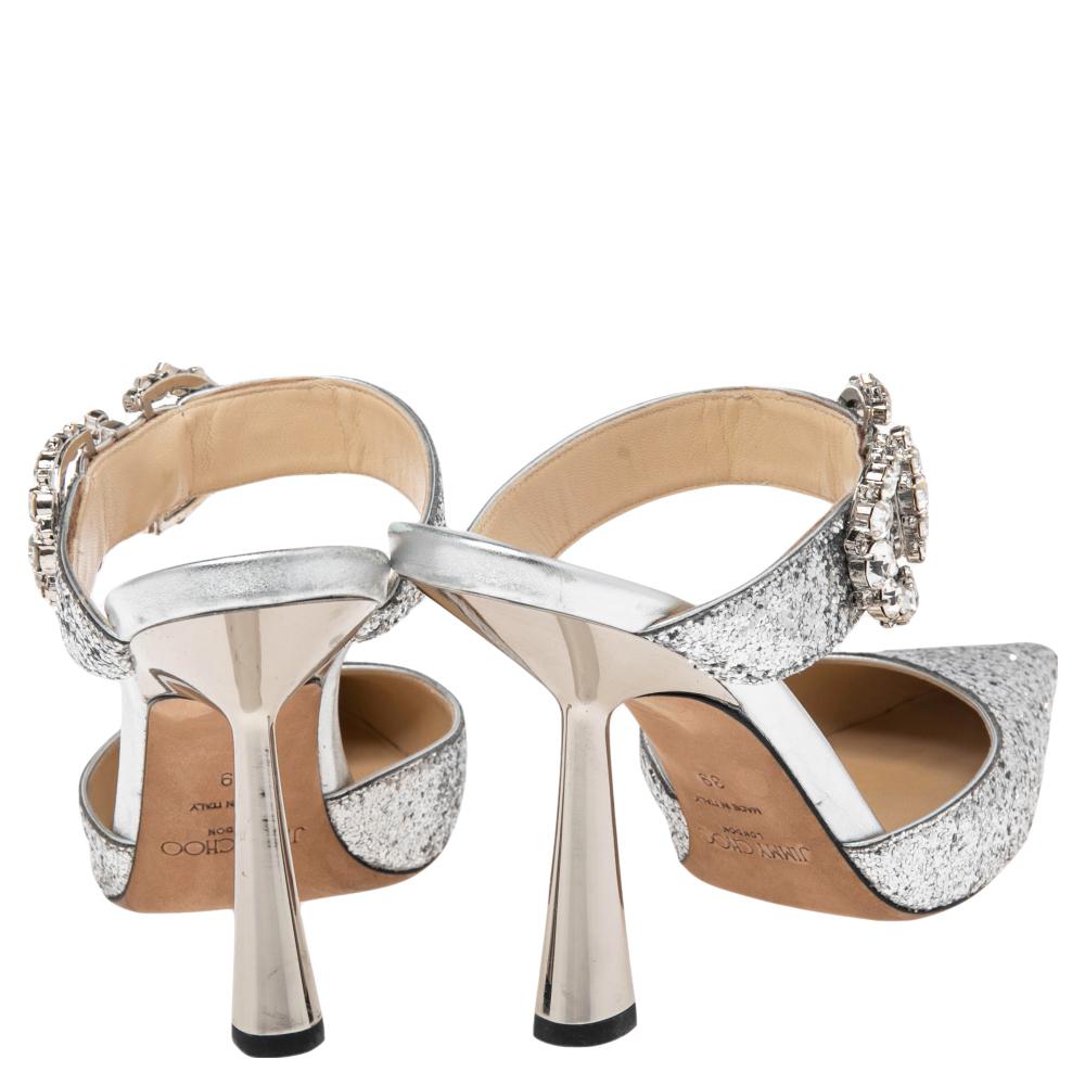 Beige Jimmy Choo Silver Glitter Crystal Embellished Smokey Sandals Size 39
