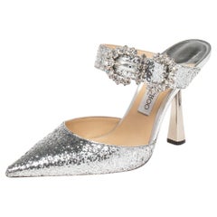 Jimmy Choo Silver Glitter Crystal Embellished Smokey Sandals Size 39