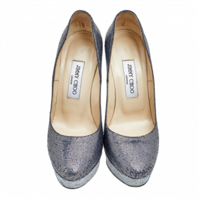 Jimmy Choo Escarpins à plateforme Eros pailletés argentés, taille 38 en vente 1