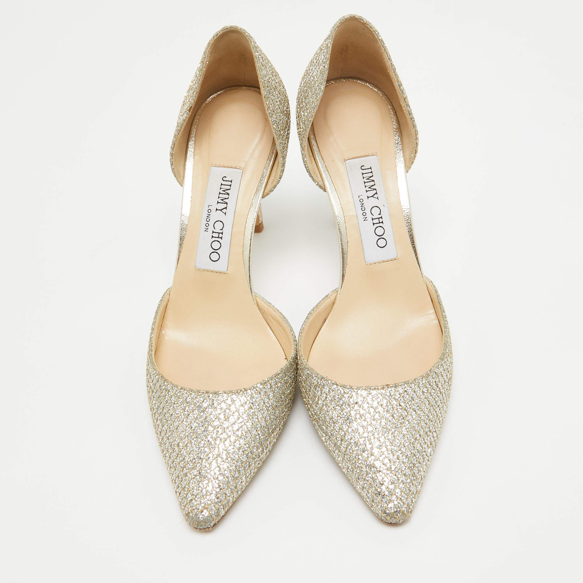 Beige Jimmy Choo Silver Glitter Esther 85 Pointed Toe Pumps Size 36 For Sale
