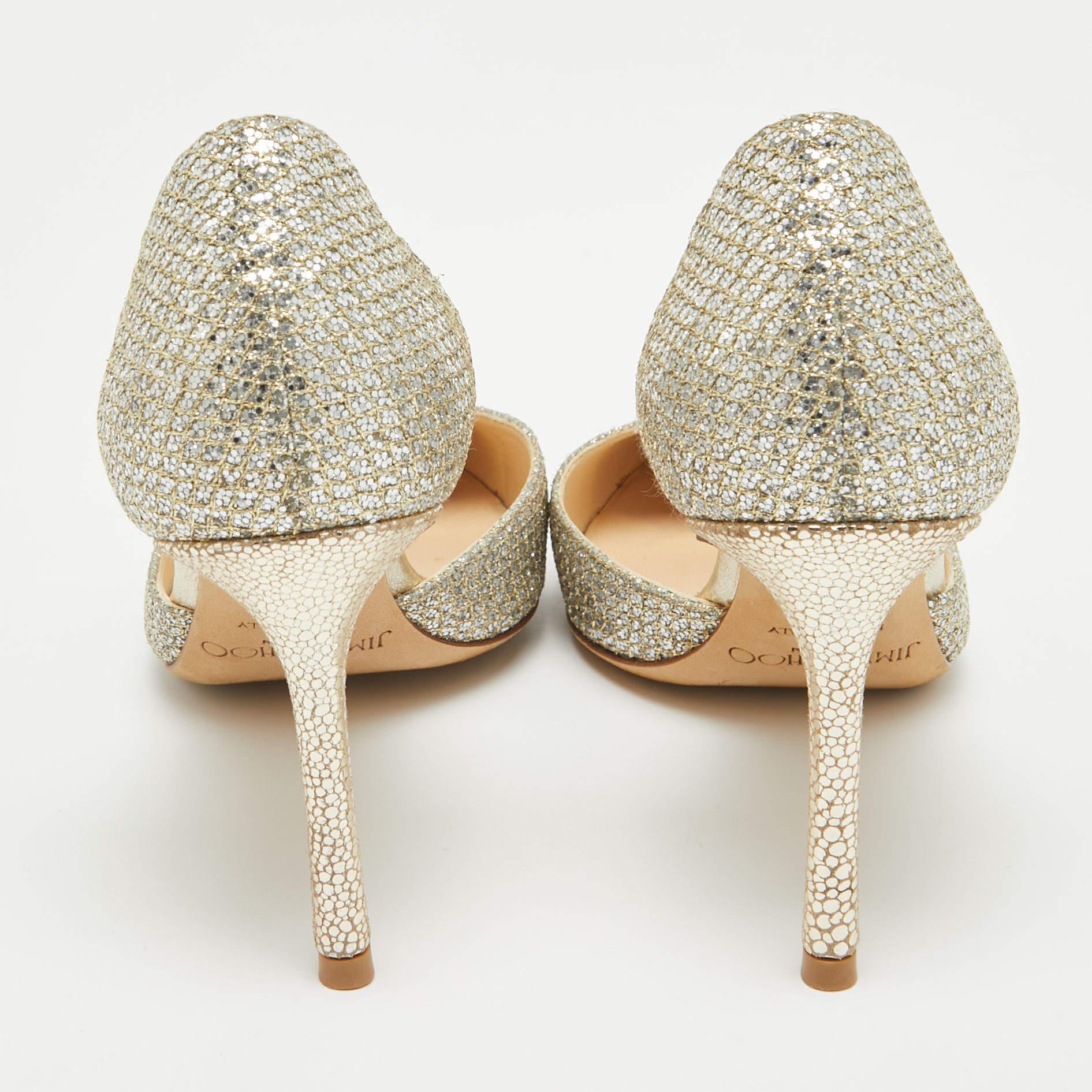 Women's Jimmy Choo Silver Glitter Esther 85 Pointed Toe Pumps Size 36 For Sale