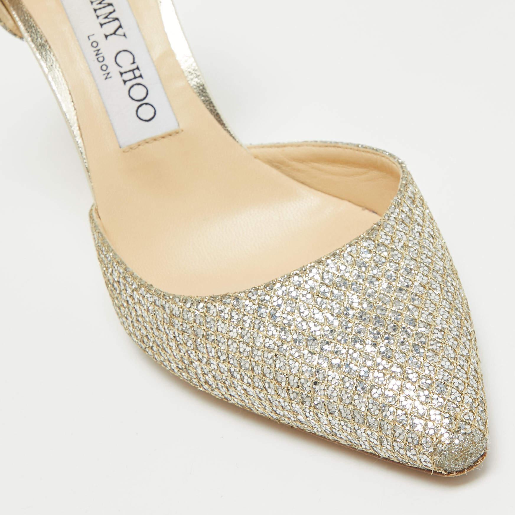 Jimmy Choo Silver Glitter Esther 85 Pointed Toe Pumps Size 36 For Sale 2