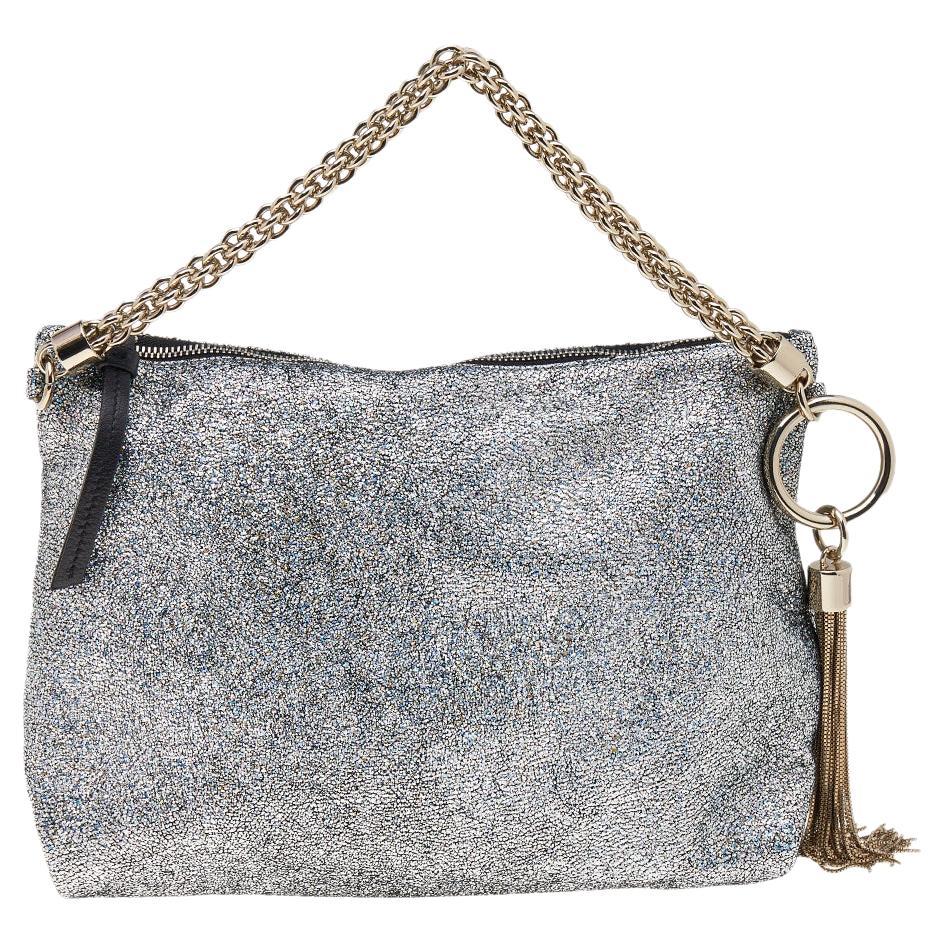 Jimmy Choo Metallic Silver Leather and Glitter Reese Clutch For Sale at