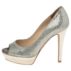 Jimmy Choo Silver Glitter Fabric Dahlia Platform Peep Toe Pumps Size 35