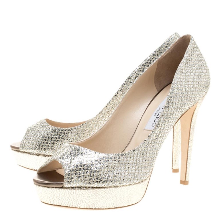 Jimmy Choo Silver Glitter Fabric Dahlia Platform Peep Toe Pumps Size 41