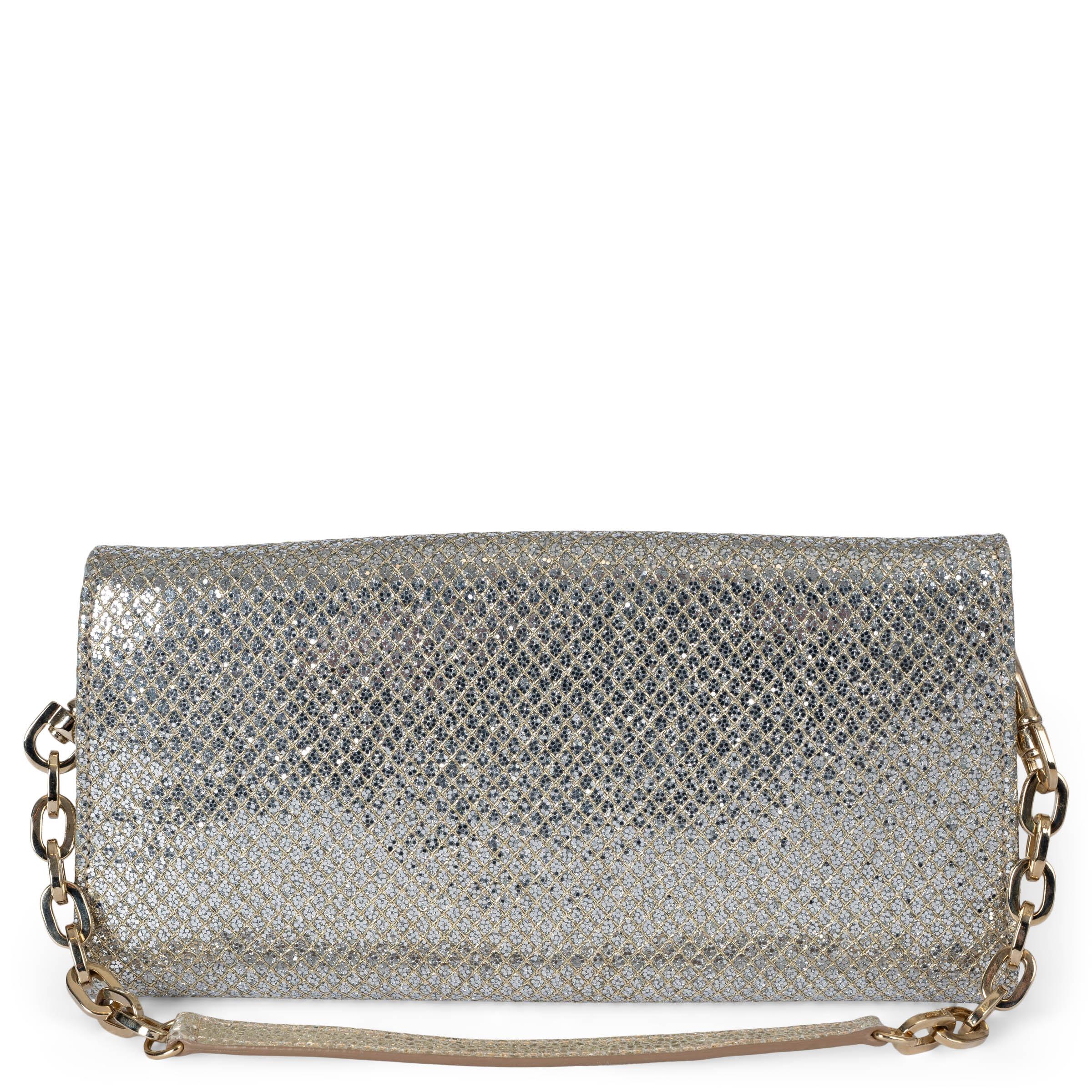Silver JIMMY CHOO silver glitter fabric RIANE CLUTCH W STRAP Bag For Sale