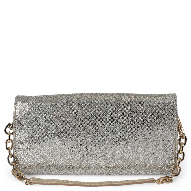 JIMMY CHOO silver glitter fabric RIANE CLUTCH W STRAP Bag For Sale