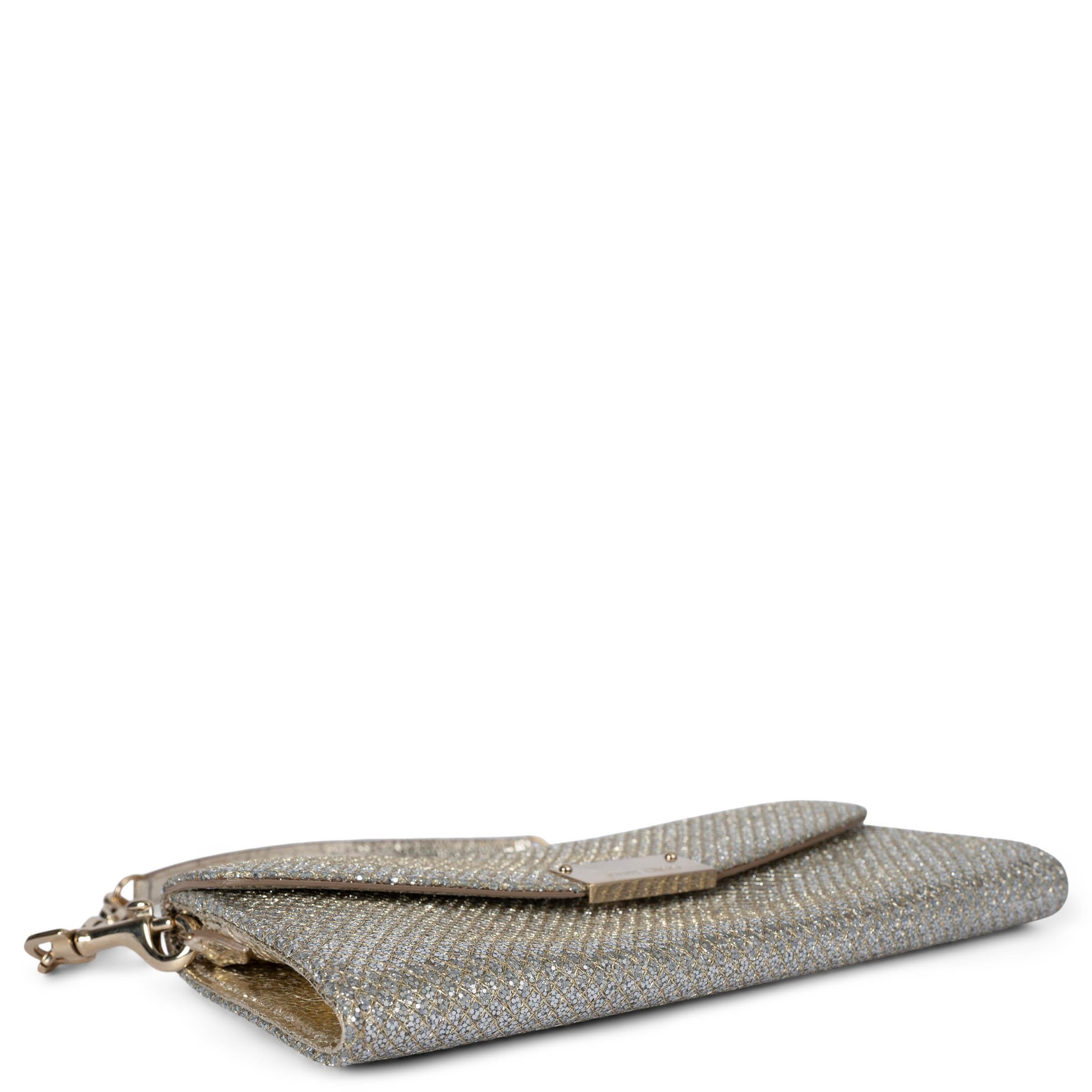 Women's JIMMY CHOO silver glitter fabric RIANE CLUTCH W STRAP Bag For Sale