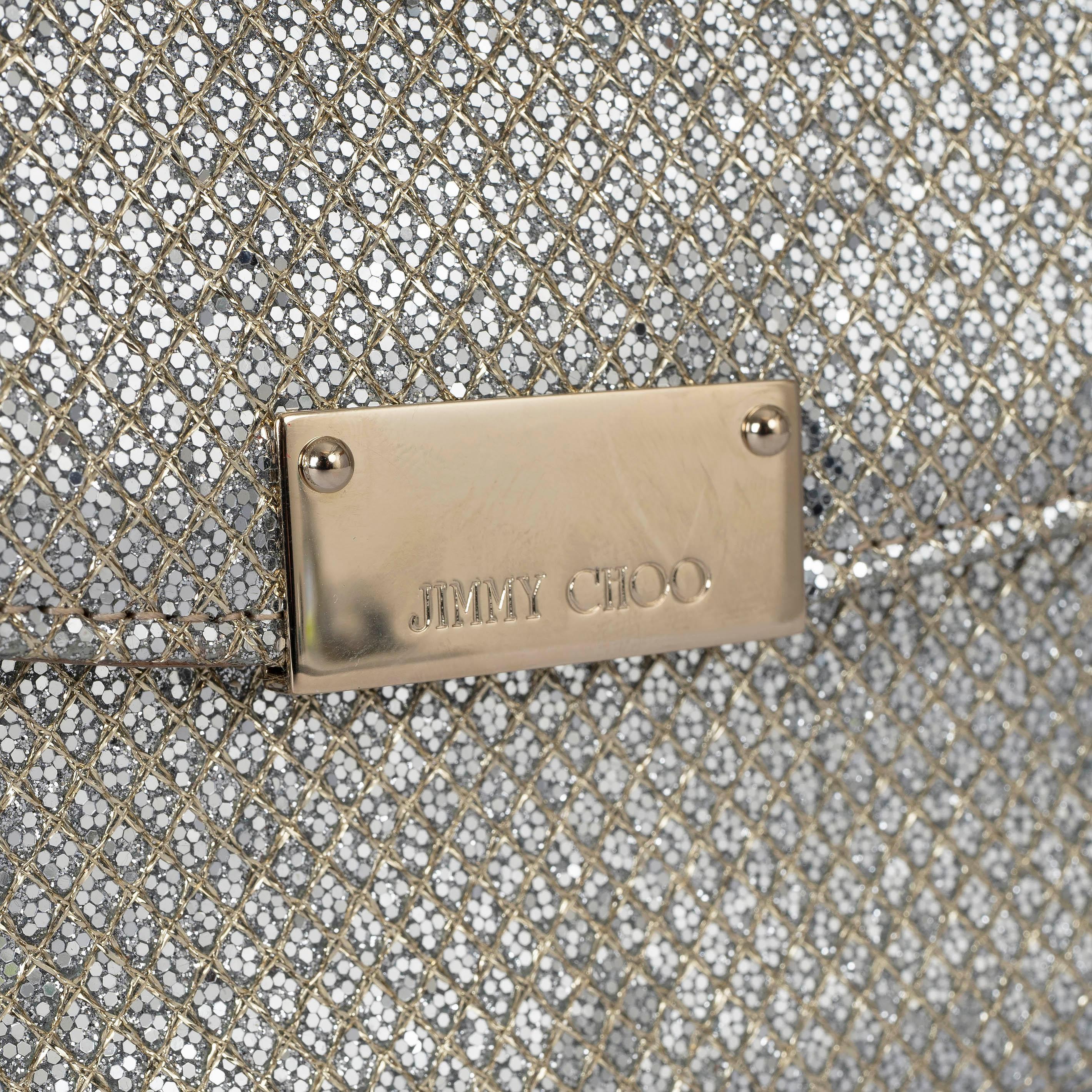 JIMMY CHOO silver glitter fabric RIANE CLUTCH W STRAP Bag For Sale 1