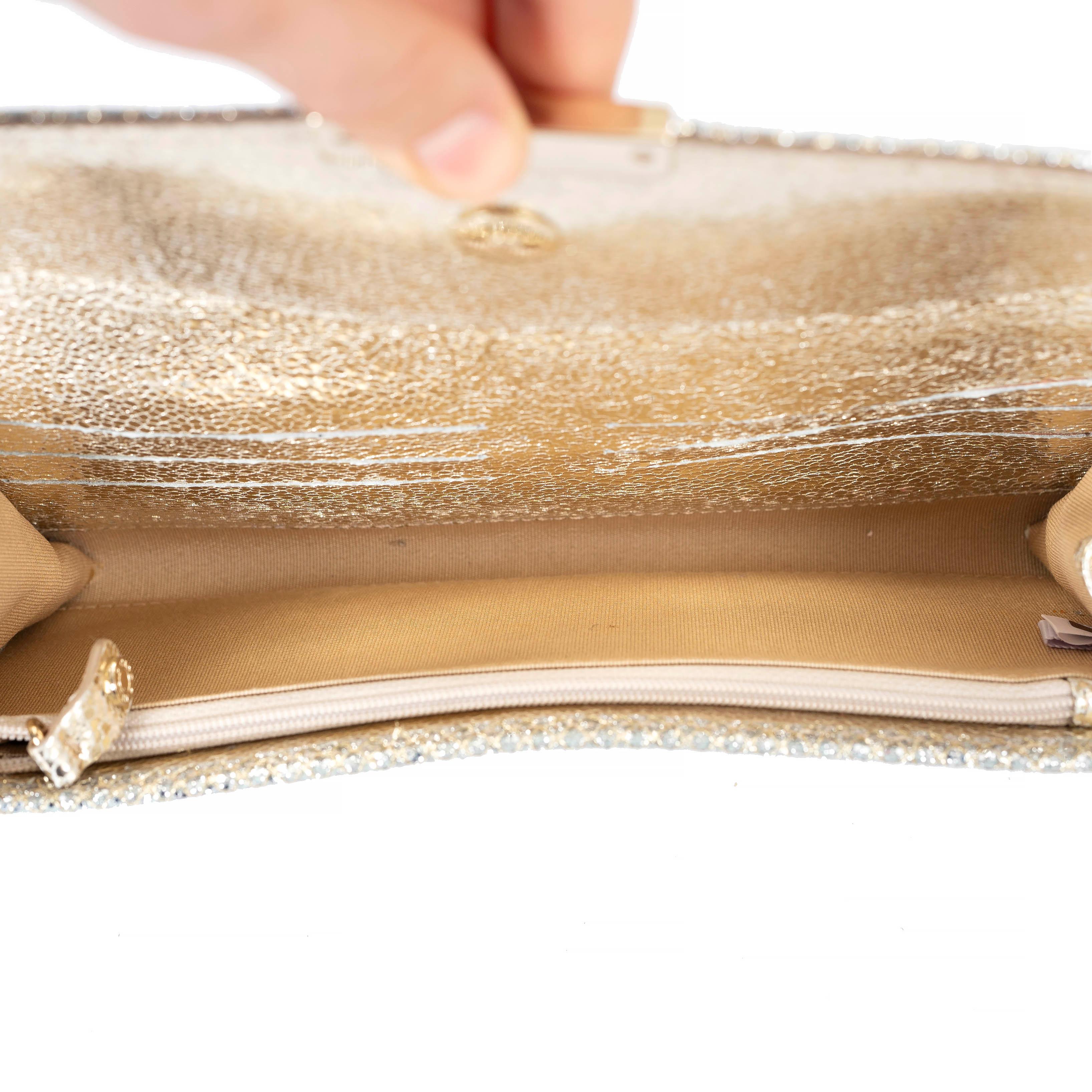 JIMMY CHOO silver glitter fabric RIANE CLUTCH W STRAP Bag For Sale 2