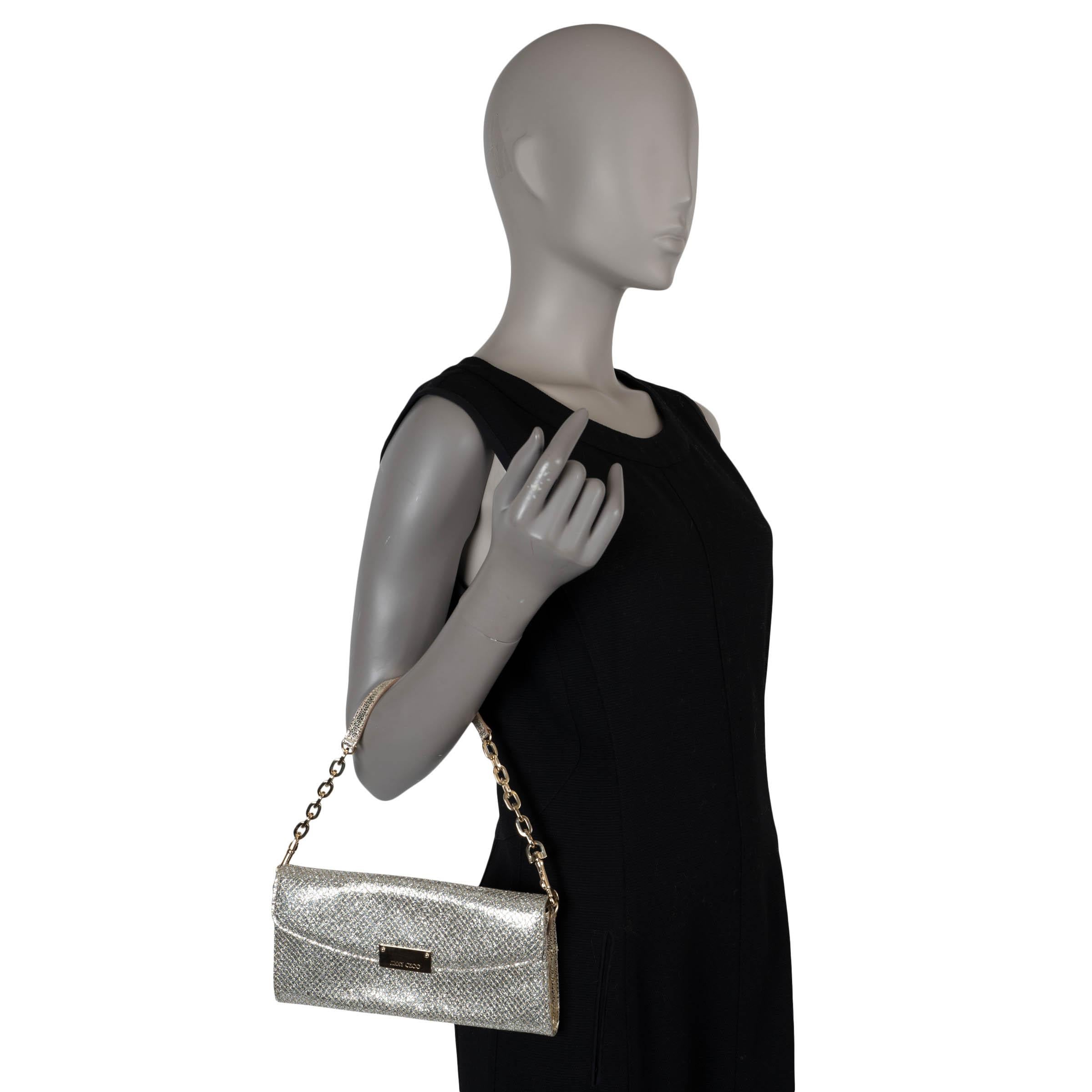 JIMMY CHOO silver glitter fabric RIANE CLUTCH W STRAP Bag For Sale 5