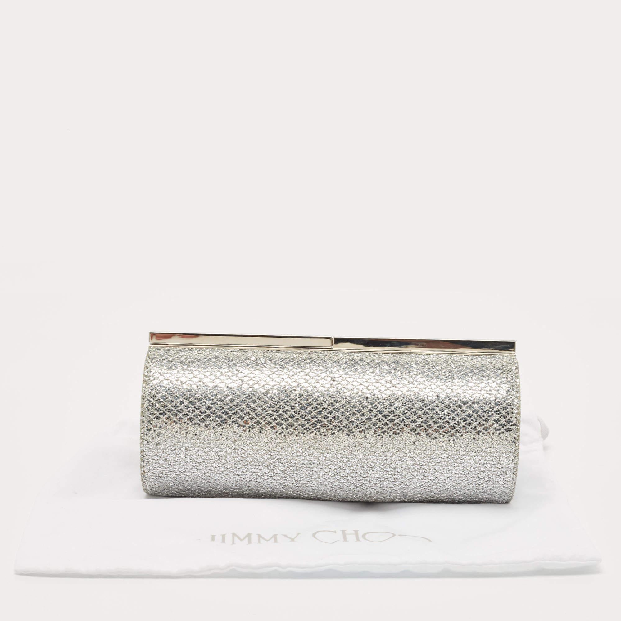Jimmy Choo Silver Glitter Fabric Twill Tube Clutch 2