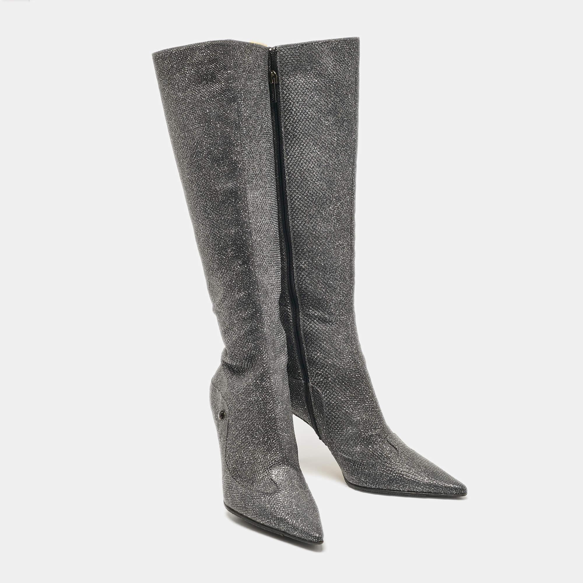 Women's Jimmy Choo Silver Glitter Knee Length Boots Size 40