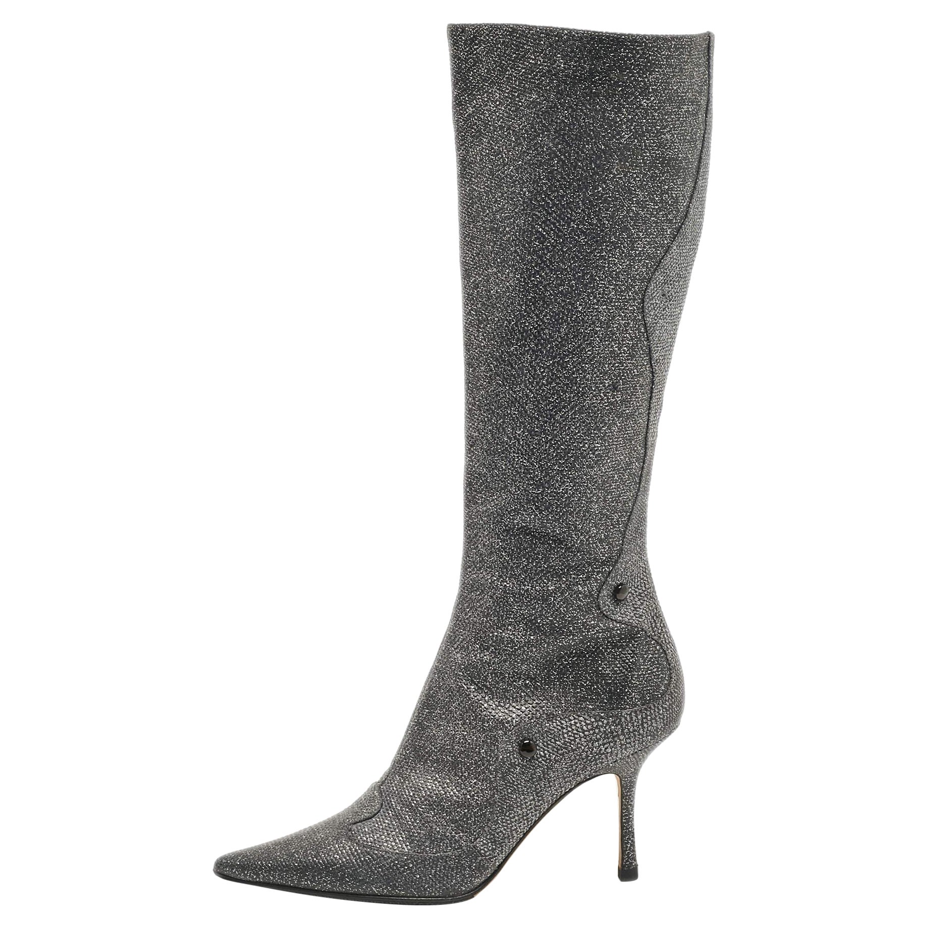 Jimmy Choo Silver Glitter Knee Length Boots Size 40
