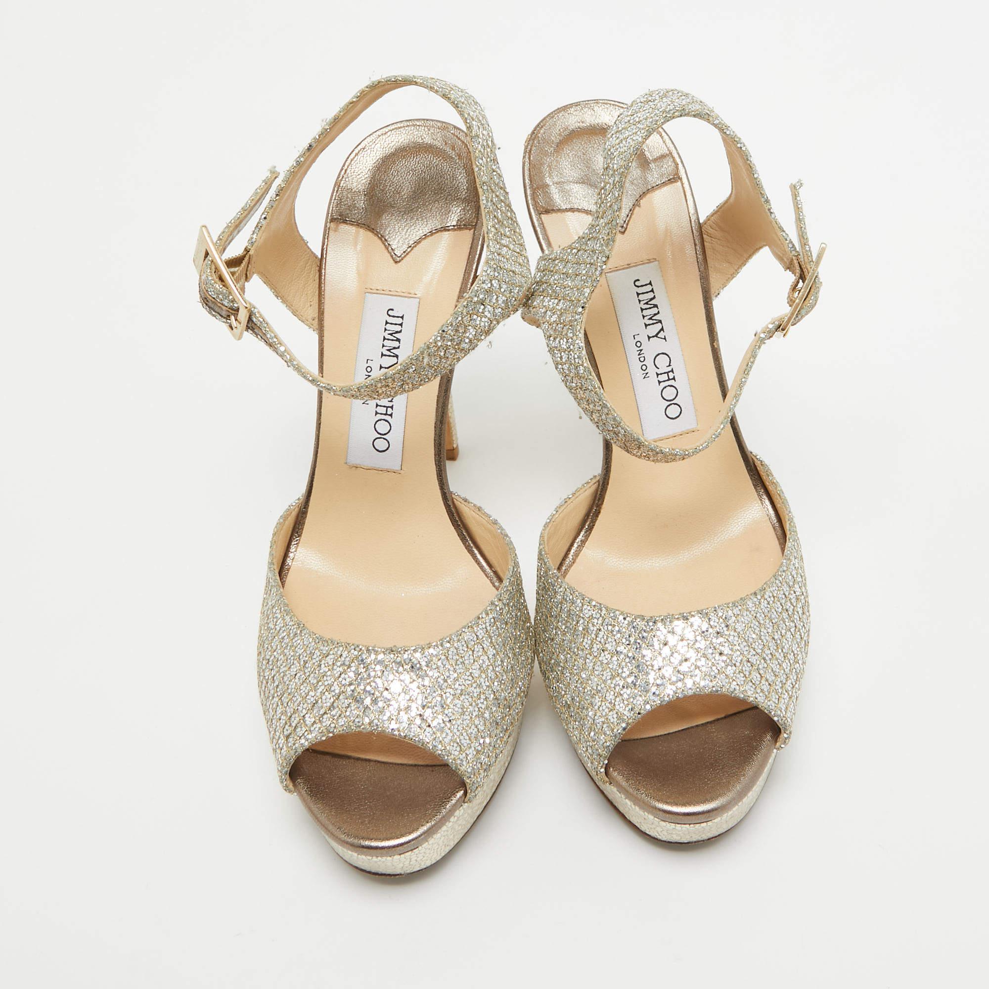 Beige Jimmy Choo Silver Glitter Linda Ankle Strap Sandals Size 38 For Sale