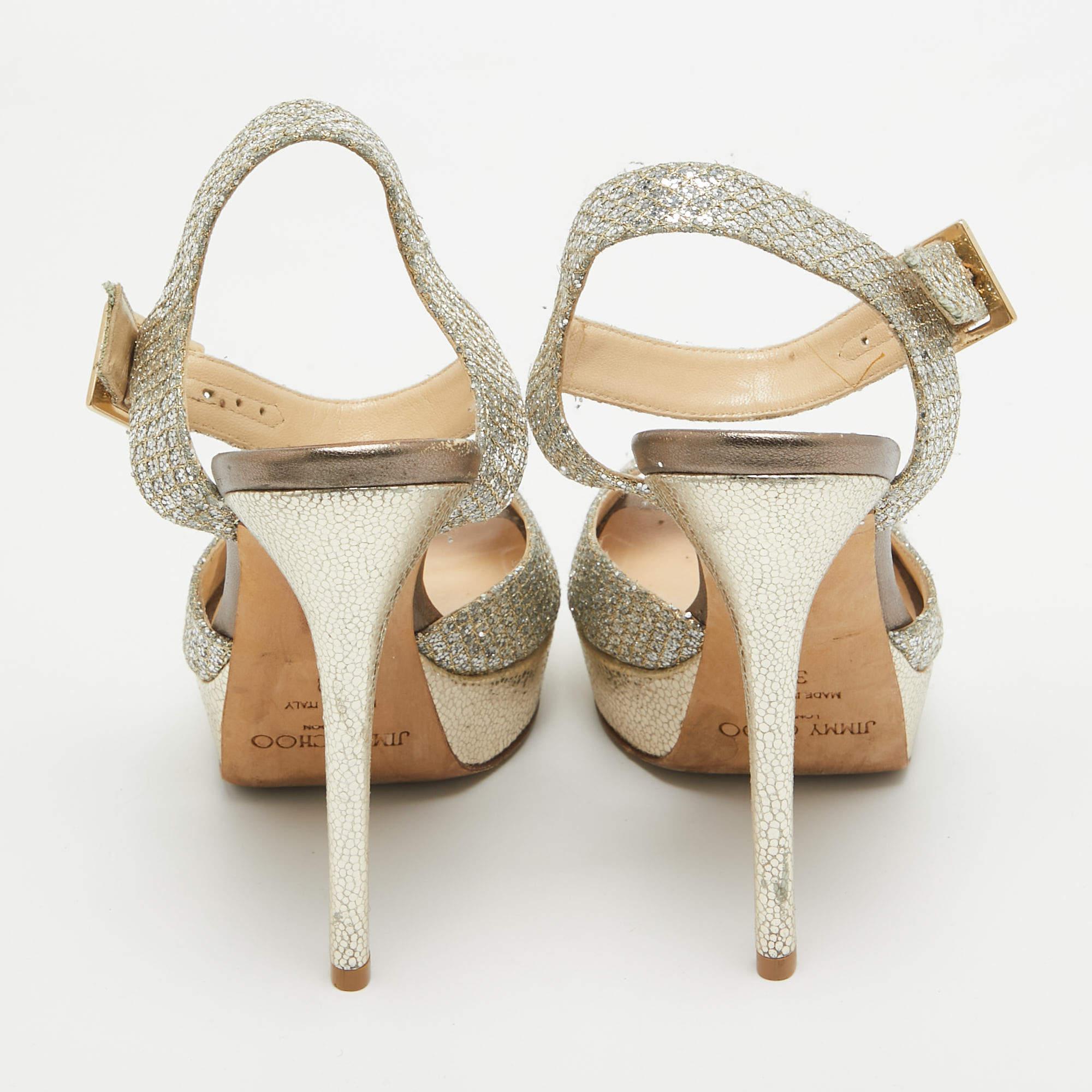 Women's Jimmy Choo Silver Glitter Linda Ankle Strap Sandals Size 38 For Sale