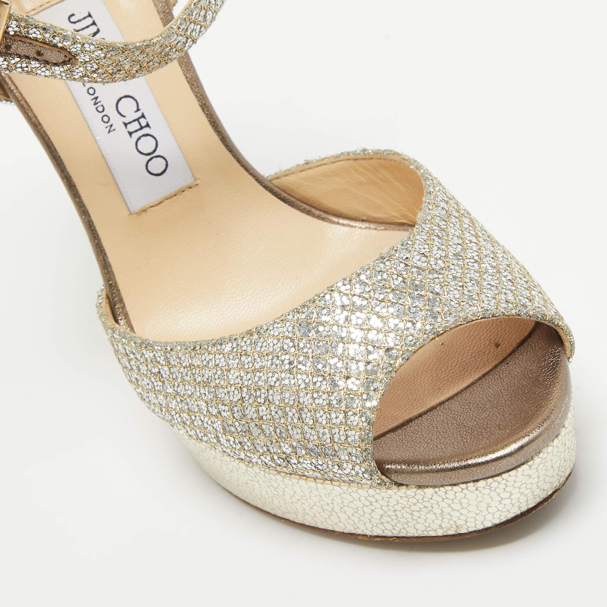 Jimmy Choo Silver Glitter Linda Ankle Strap Sandals Size 38 For Sale 2