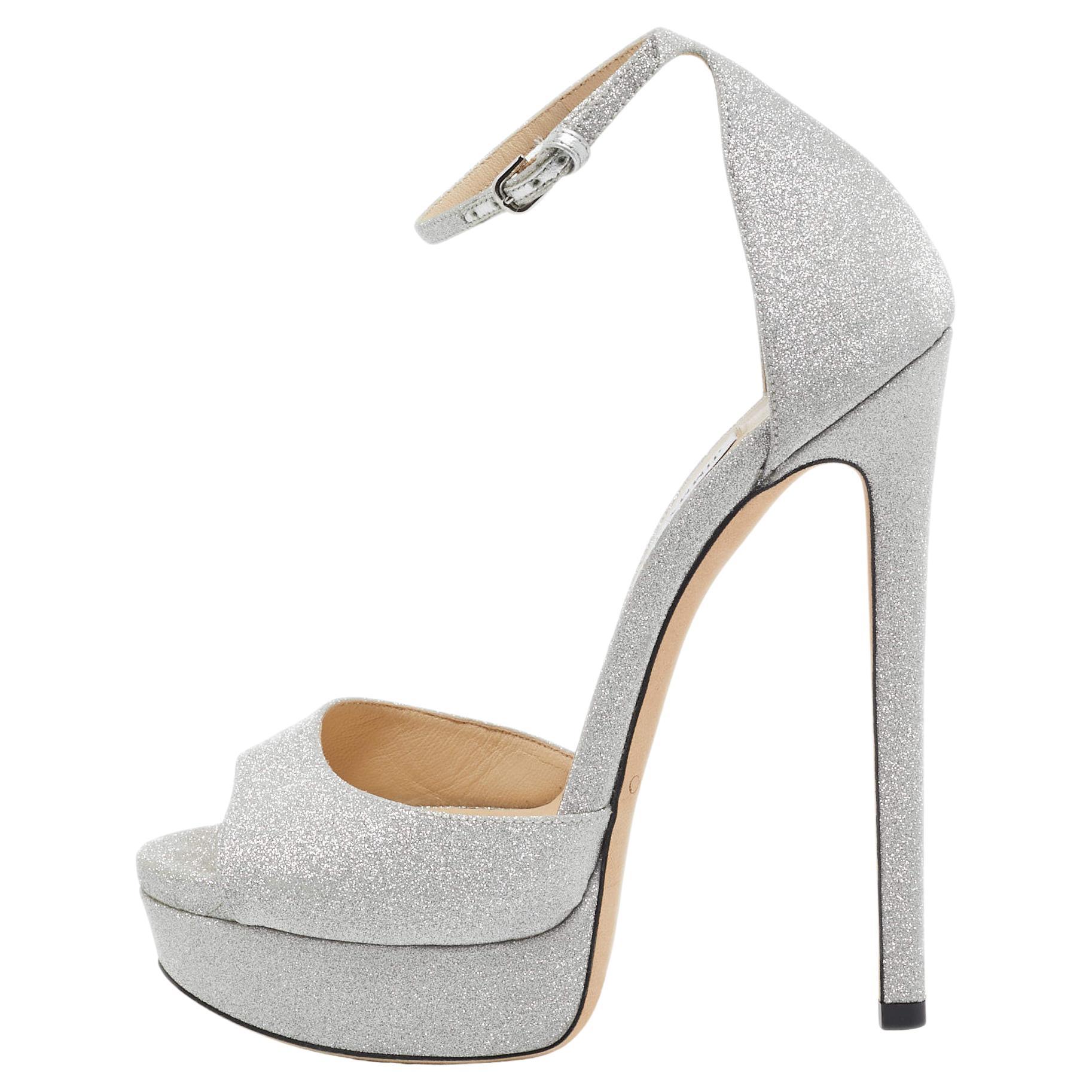 Jimmy Choo Silver Glitter Max Ankle Strap Sandals Size 39 For Sale