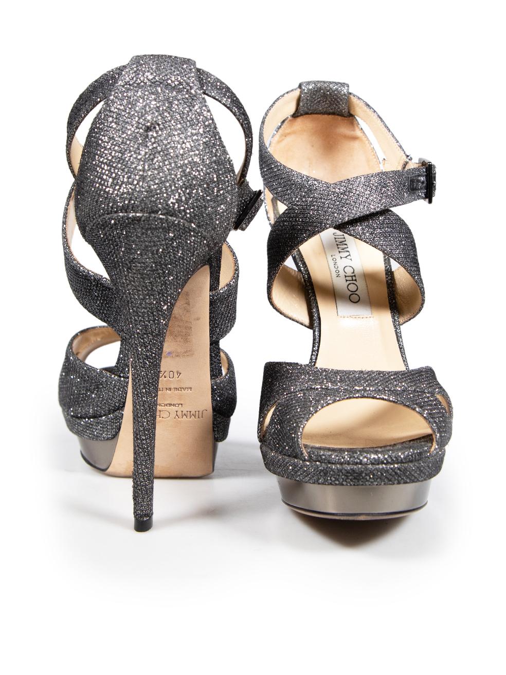 Jimmy Choo Silver Glitter Metallic Sandals Size IT 40.5 In Good Condition For Sale In London, GB