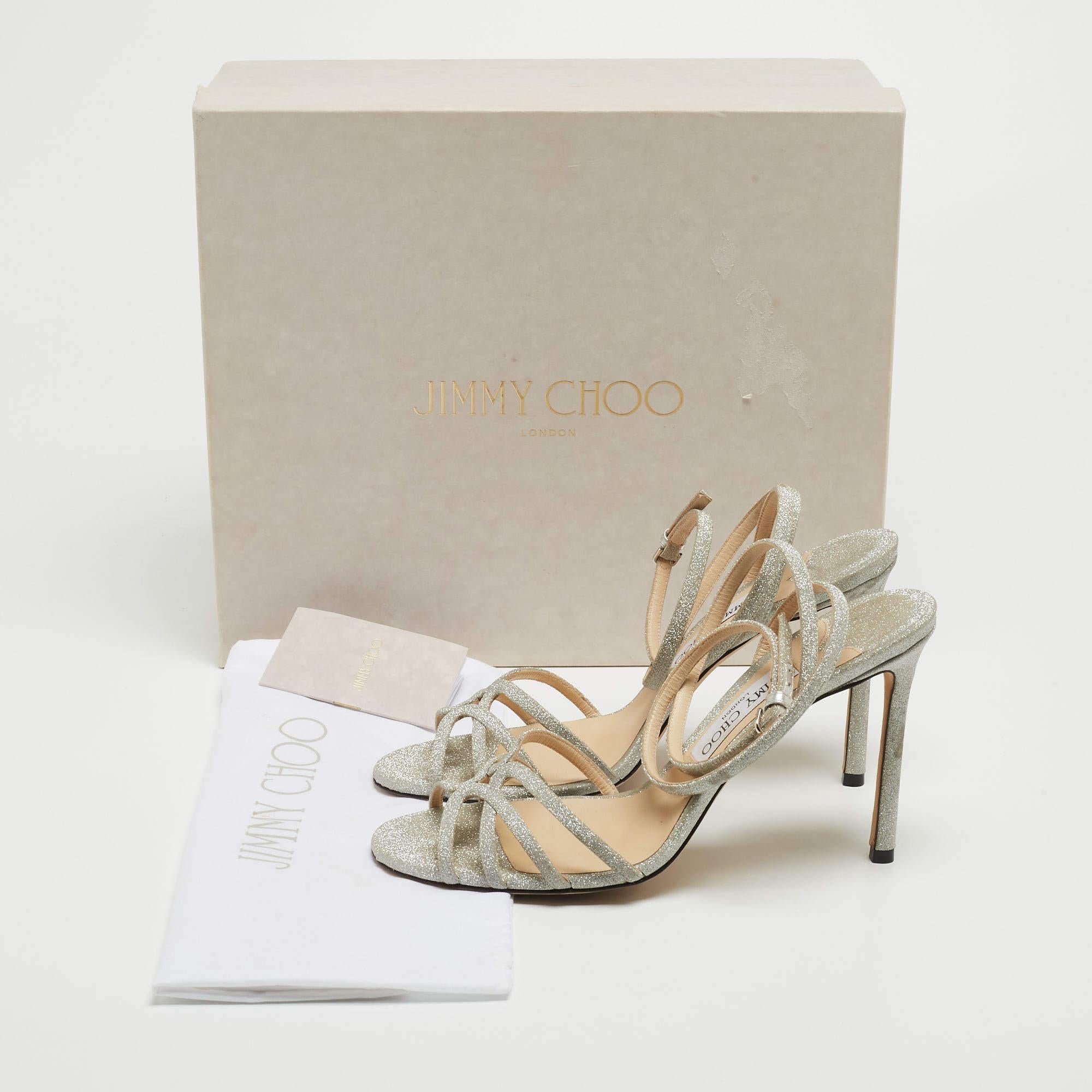 Jimmy Choo Silver Glitter Mime Ankle Wrap Sandals Size 39.5 For Sale 5