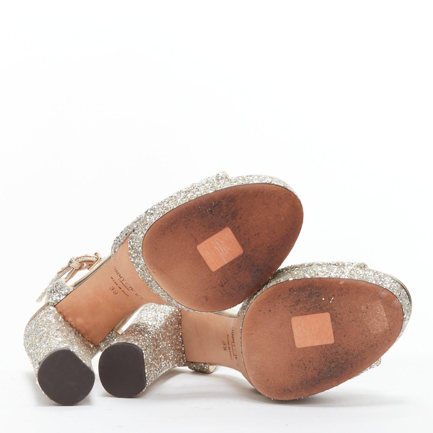 JIMMY CHOO silver glitter open toe ankle strap platform heels EU39 6