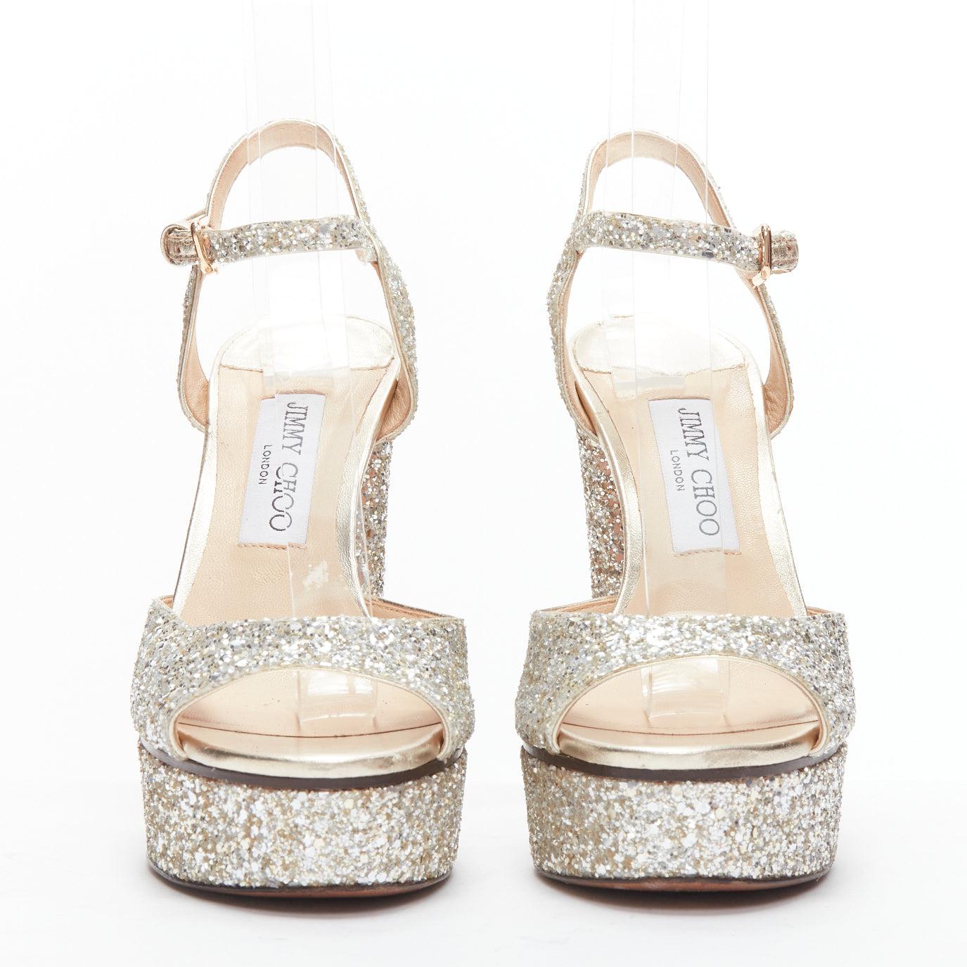 JIMMY CHOO silver glitter open toe ankle strap platform heels EU39 In Good Condition In Hong Kong, NT