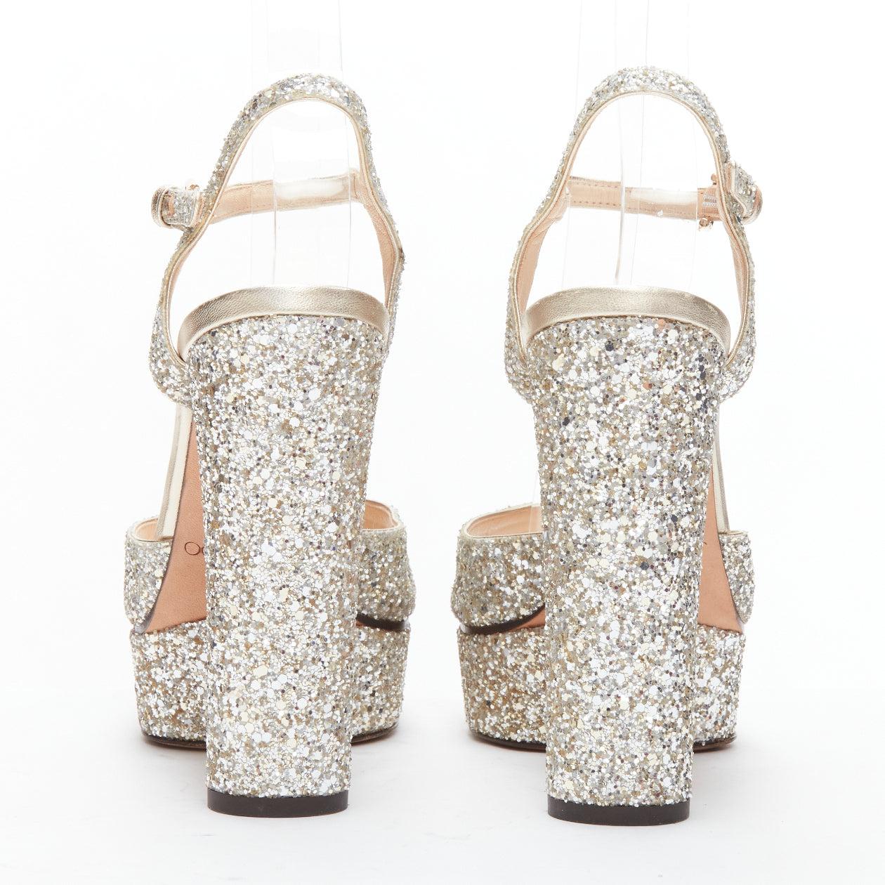 JIMMY CHOO silver glitter open toe ankle strap platform heels EU39 1
