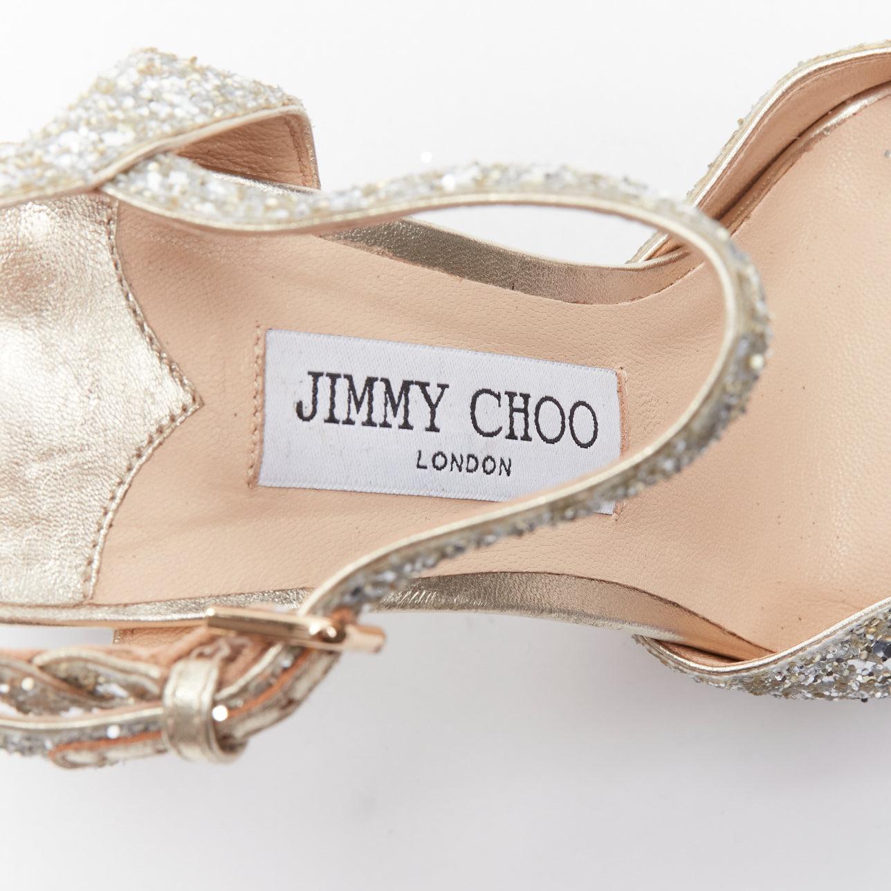 JIMMY CHOO silver glitter open toe ankle strap platform heels EU39 3